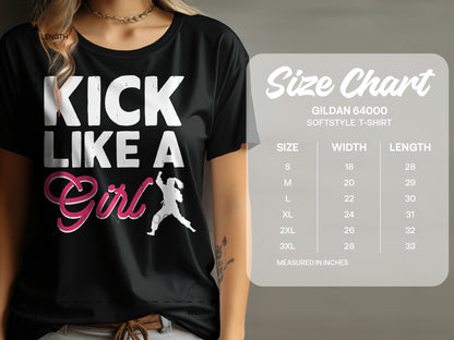 Black t-shirt with "KICK LIKE A Girl" graphic and a size chart.