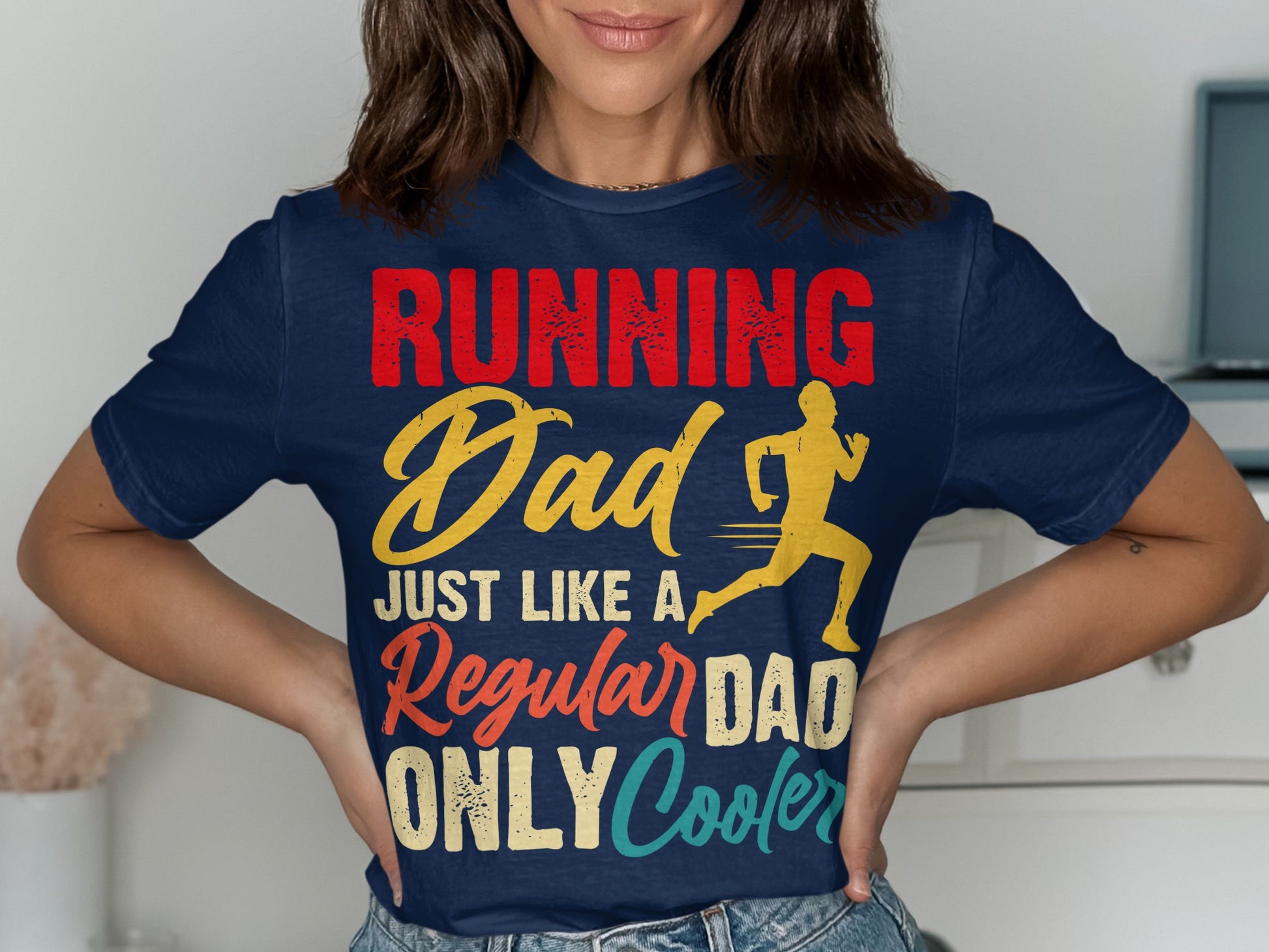 Running Dad, just like a regular dad, only cooler graphic on navy t-shirt.