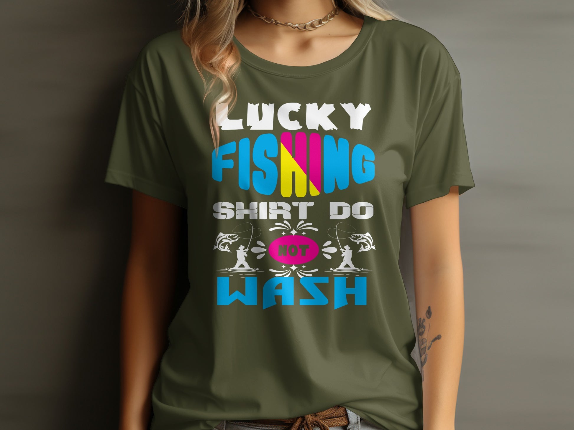 Lucky fishing shirt do not wash with fish graphic.