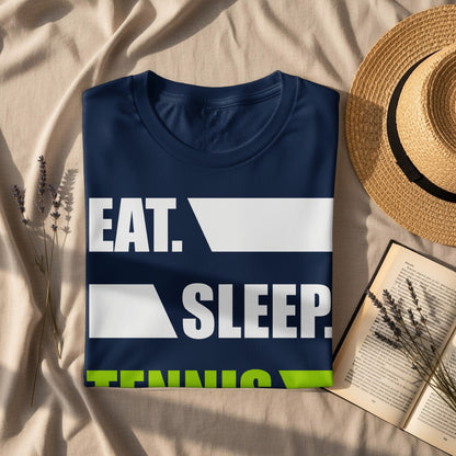 Navy t-shirt with "EAT. SLEEP." text on white and green blocks.