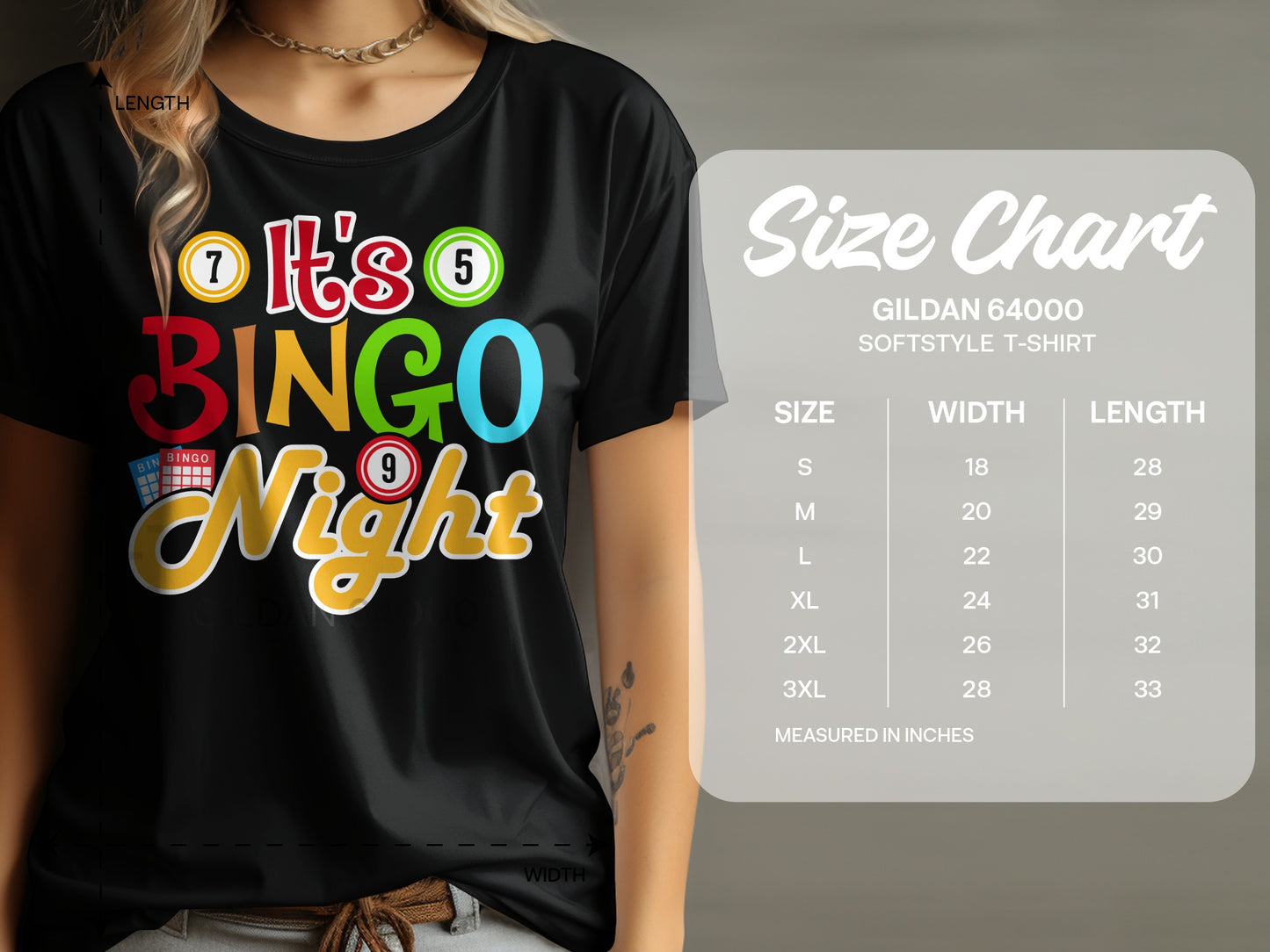 Black t-shirt with "It's Bingo Night" graphic and size chart.