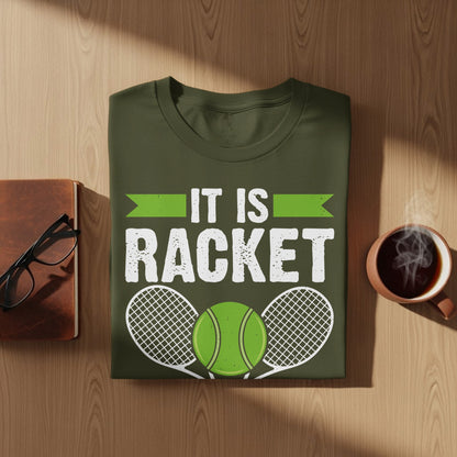 Green t-shirt with "IT IS RACKET" text and tennis ball graphics.