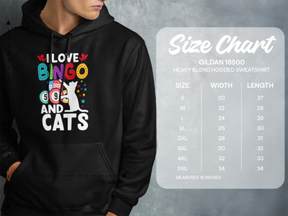 Hooded sweatshirt with "I Love Bingo and Cats" graphic and size chart.