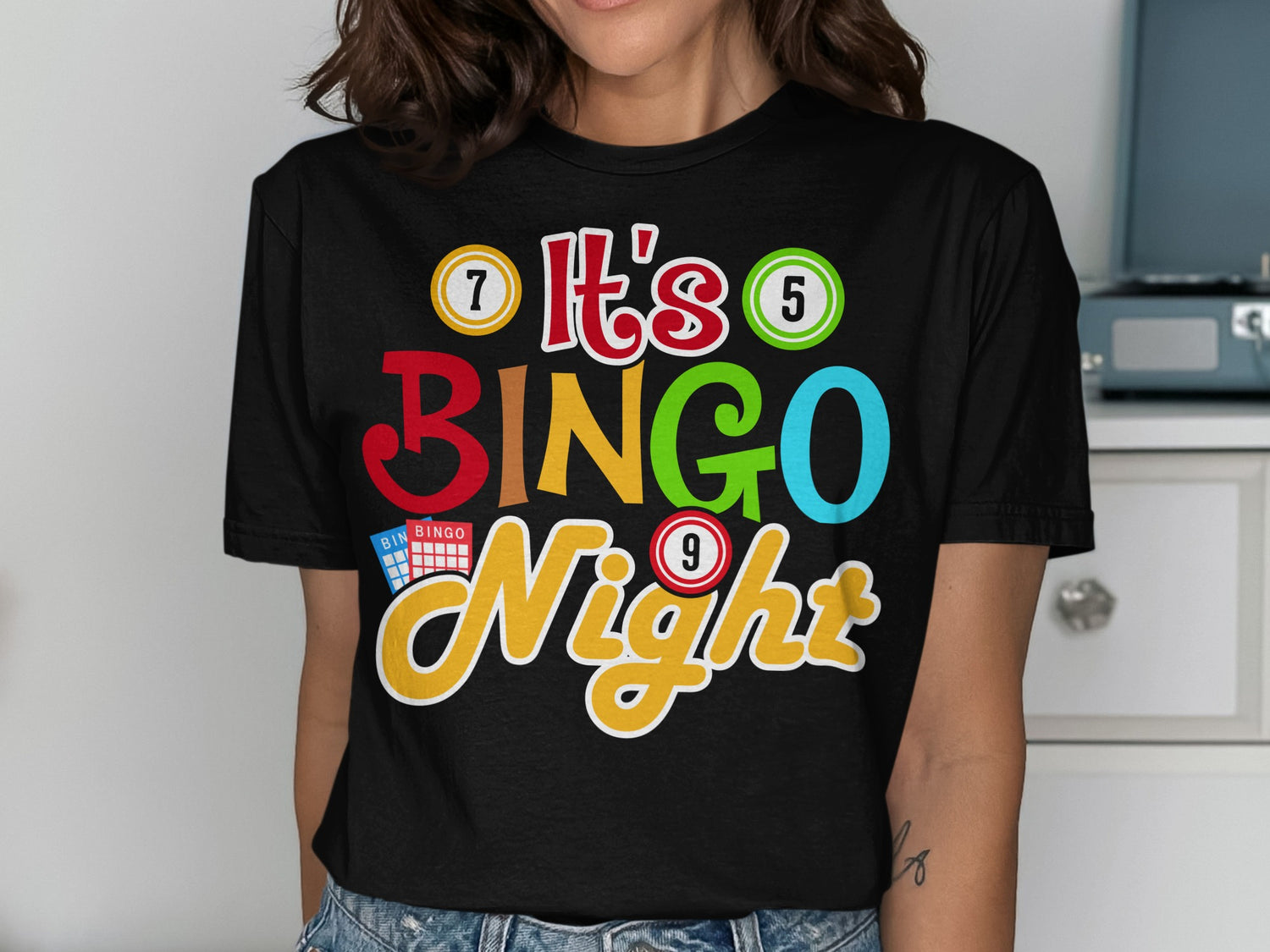 Black t-shirt with "It's Bingo Night" in colorful letters and bingo balls.
