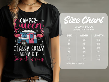 Black t-shirt with "Camper Queen Classy Sassy and a bit Smart Assy" text and flamingo graphic.