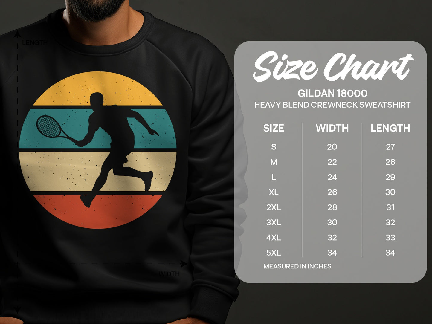 Gildan 18000 sweatshirt size chart with measurements in inches.