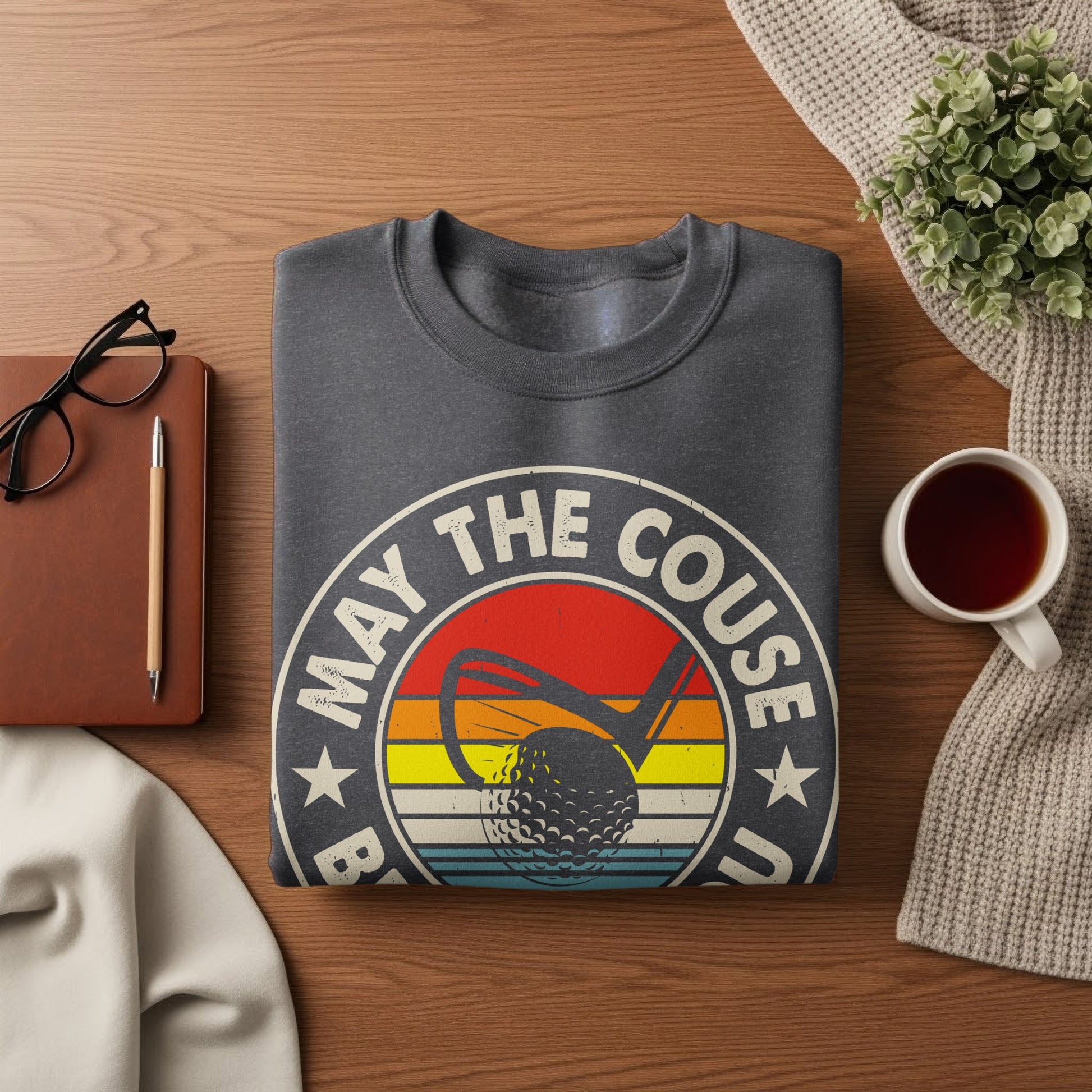 Dark gray sweatshirt with "May the Couse be with you" golf graphic.