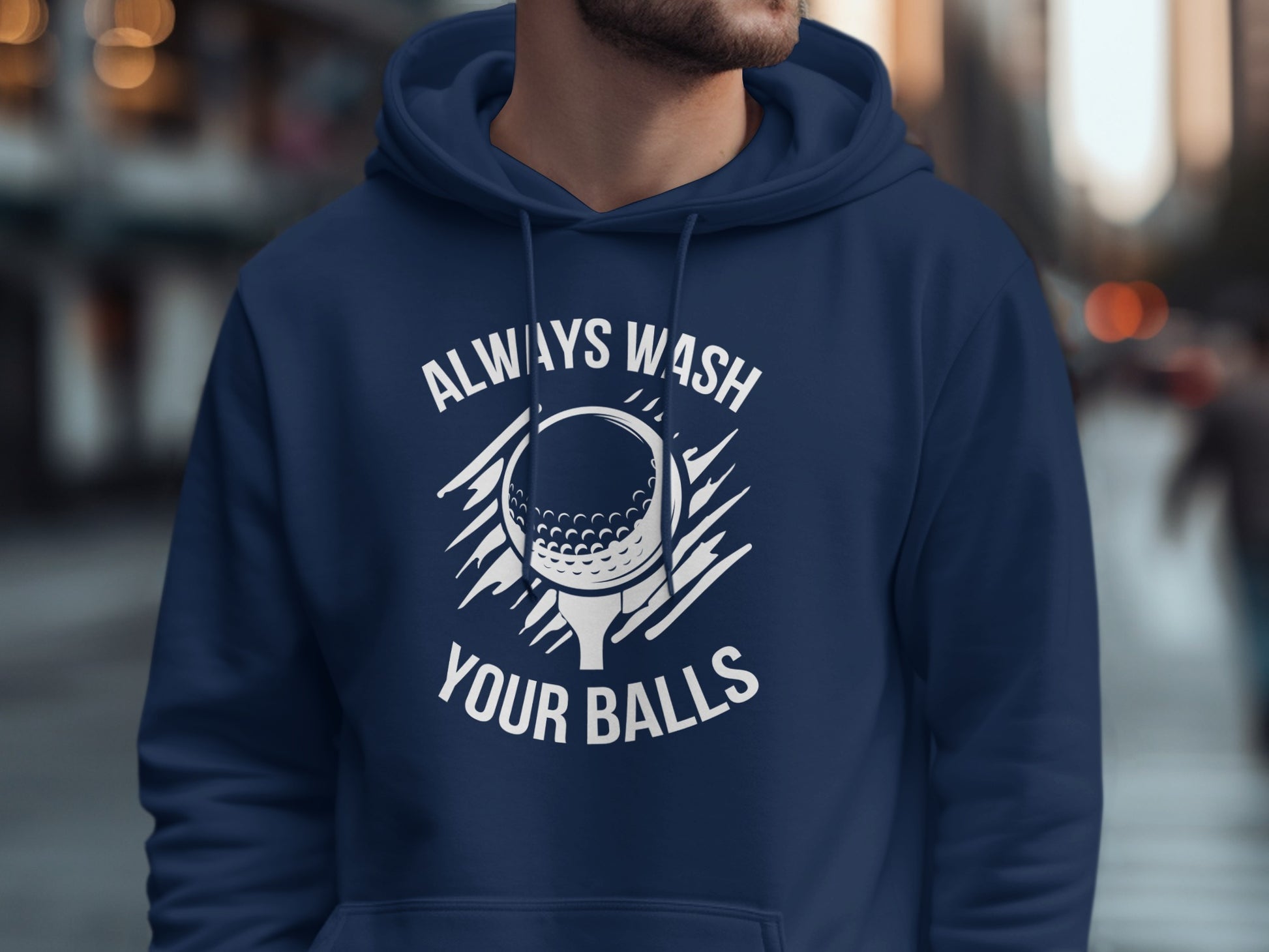 Navy hoodie with "Always Wash Your Balls" and golf ball graphic.