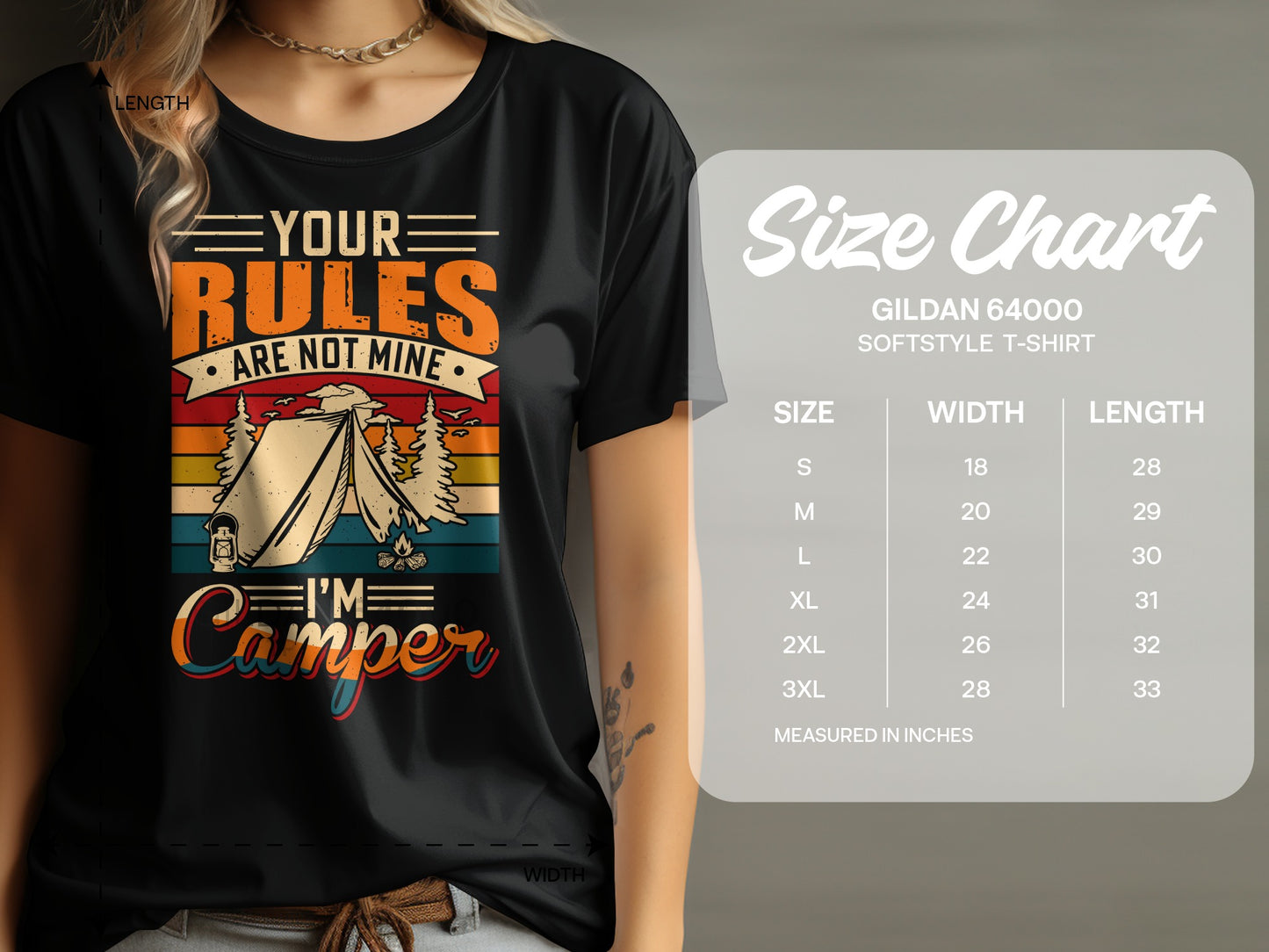 T-shirt with camping graphic and "Your Rules Are Not Mine, I'm a Camper" text, with size chart.
