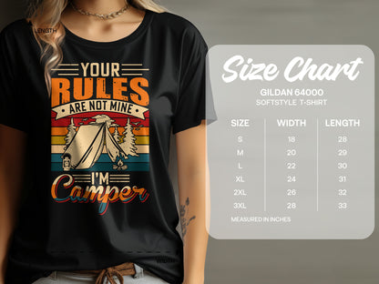 T-shirt with camping graphic and "Your Rules Are Not Mine, I'm a Camper" text, with size chart.