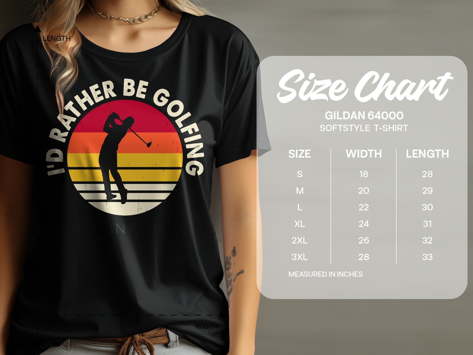 Black t-shirt with "I'd Rather Be Golfing" and sunset silhouette graphic.