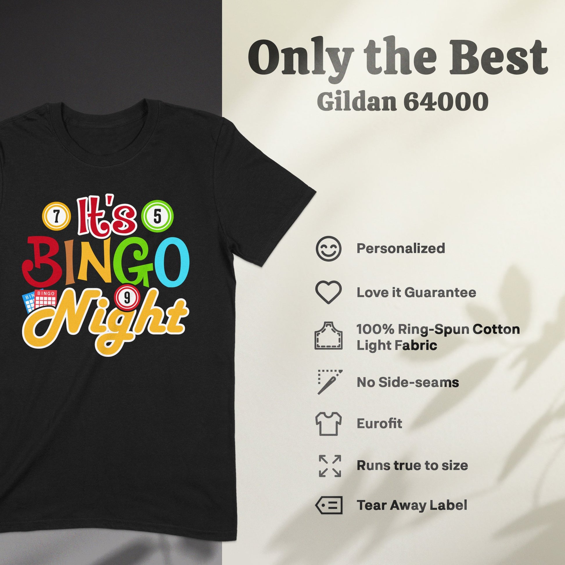 Black t-shirt with "It's BINGO Night!" text and bingo balls.
