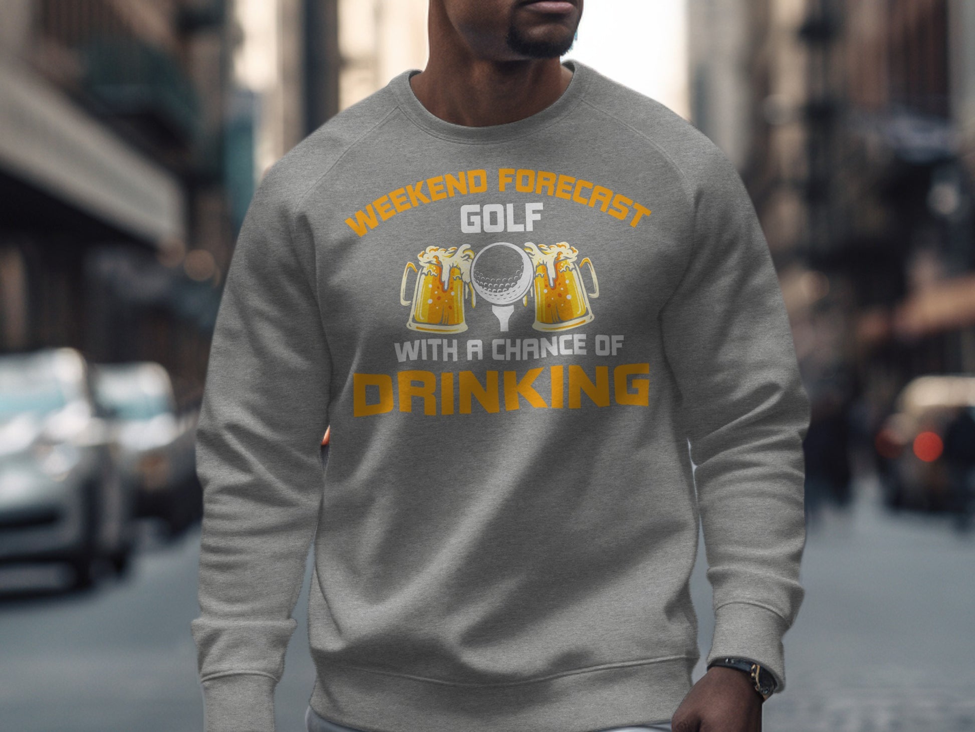 Gray sweatshirt with "Weekend Forecast Golf With A Chance Of Drinking" and golf imagery.