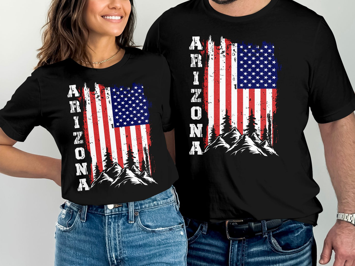 Matching couple t-shirts with Arizona flag design and mountains.