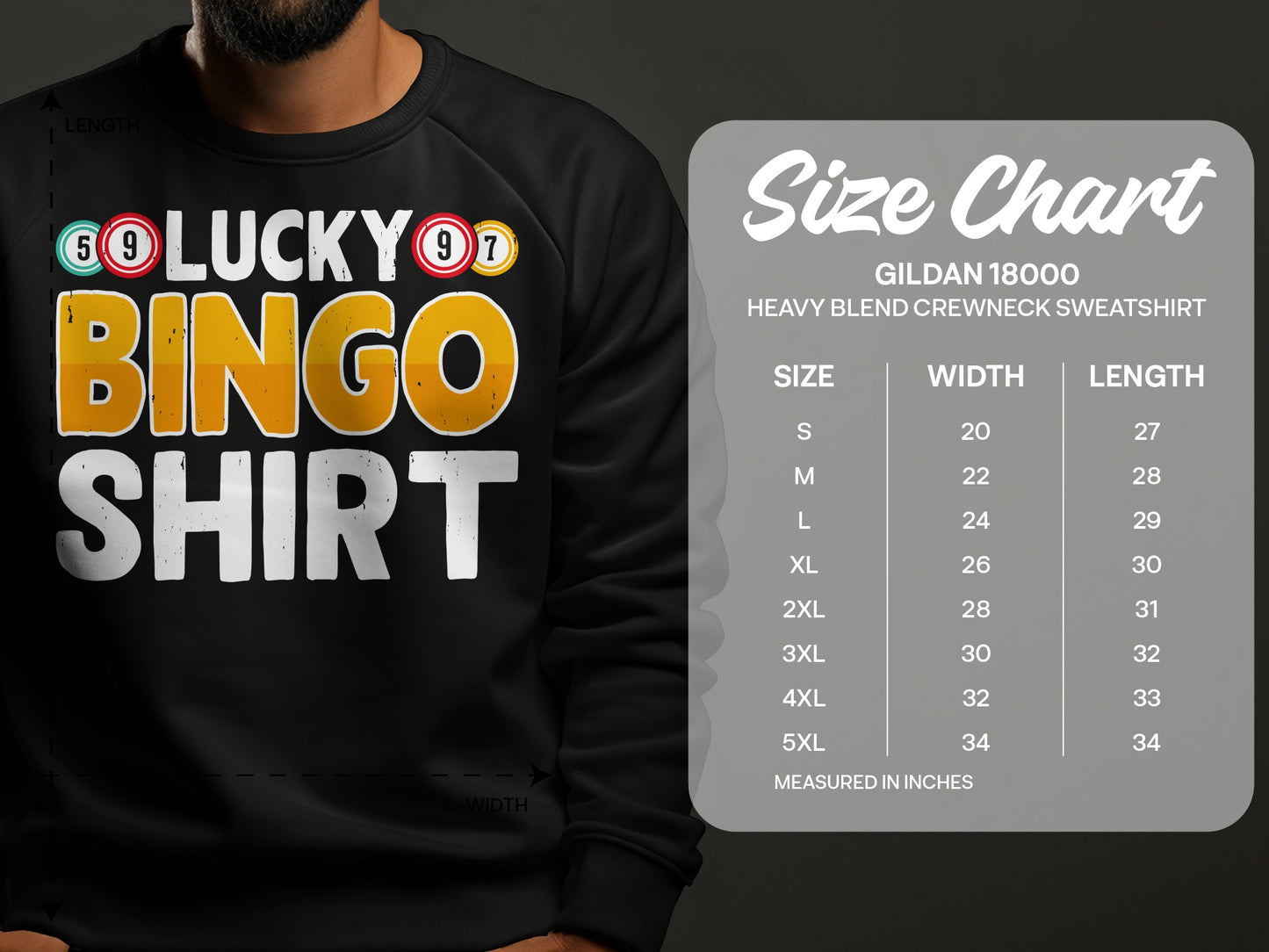 Lucky Bingo Shirt design and Gildan 18000 sweatshirt size chart.