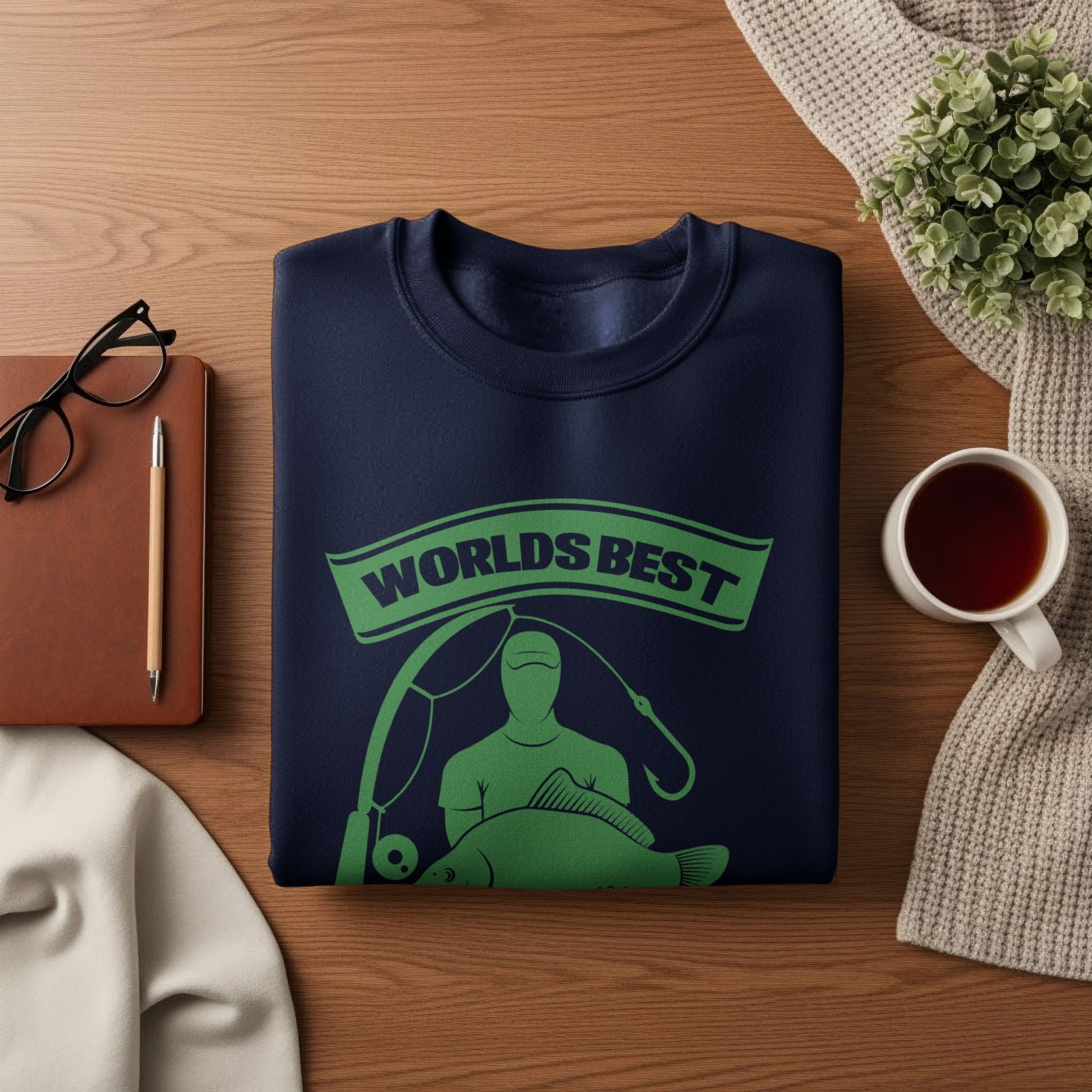 Navy sweatshirt with "Worlds Best" fishing graphic.