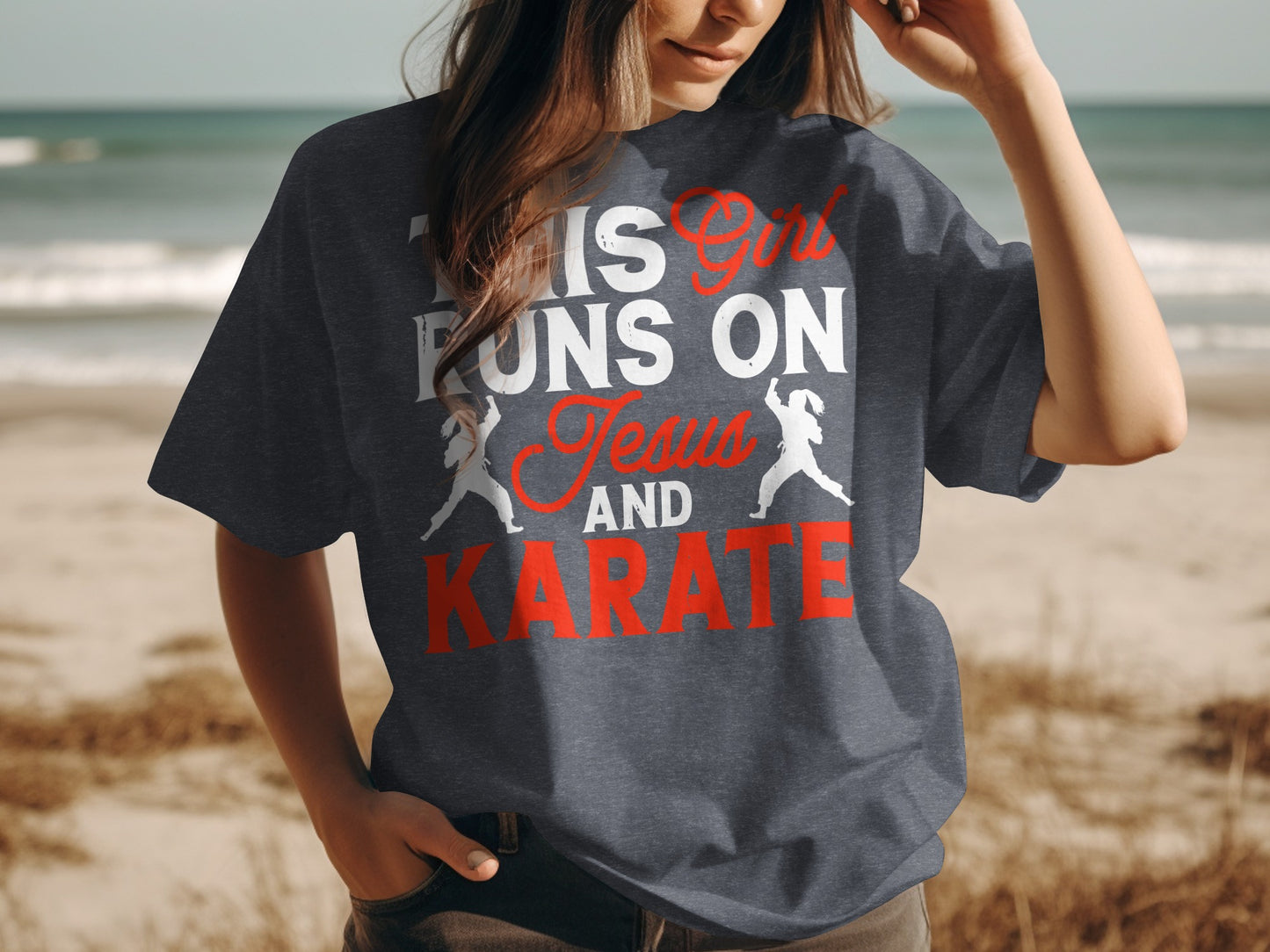 Dark t-shirt with red text "This Girl Runs On Jesus and Karate" and silhouette figures.