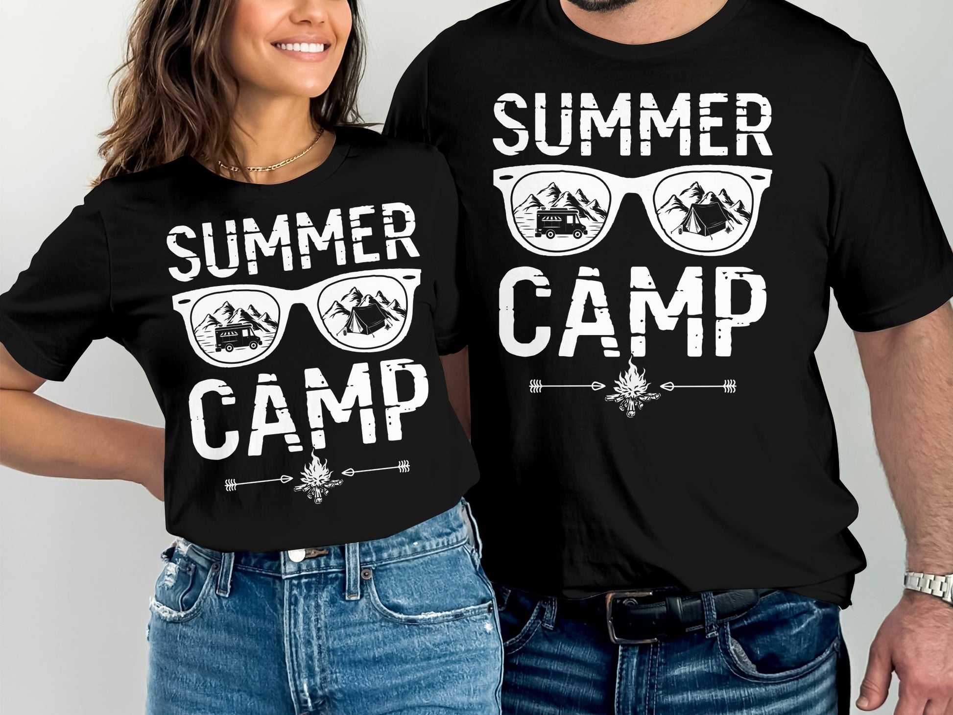 Matching black t-shirts with "SUMMER CAMP" text and sunglasses graphic.