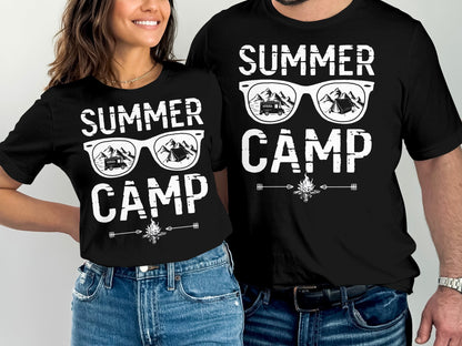 Matching black t-shirts with "SUMMER CAMP" text and sunglasses graphic.