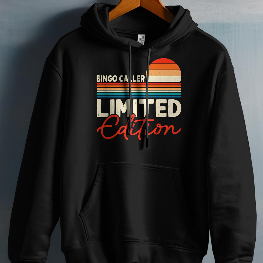 Black hoodie with "Bingo Caller Limited Edition" text and retro sunset graphic.