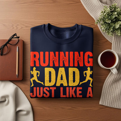 Navy sweatshirt with "Running Dad Just Like A" in orange and yellow text.