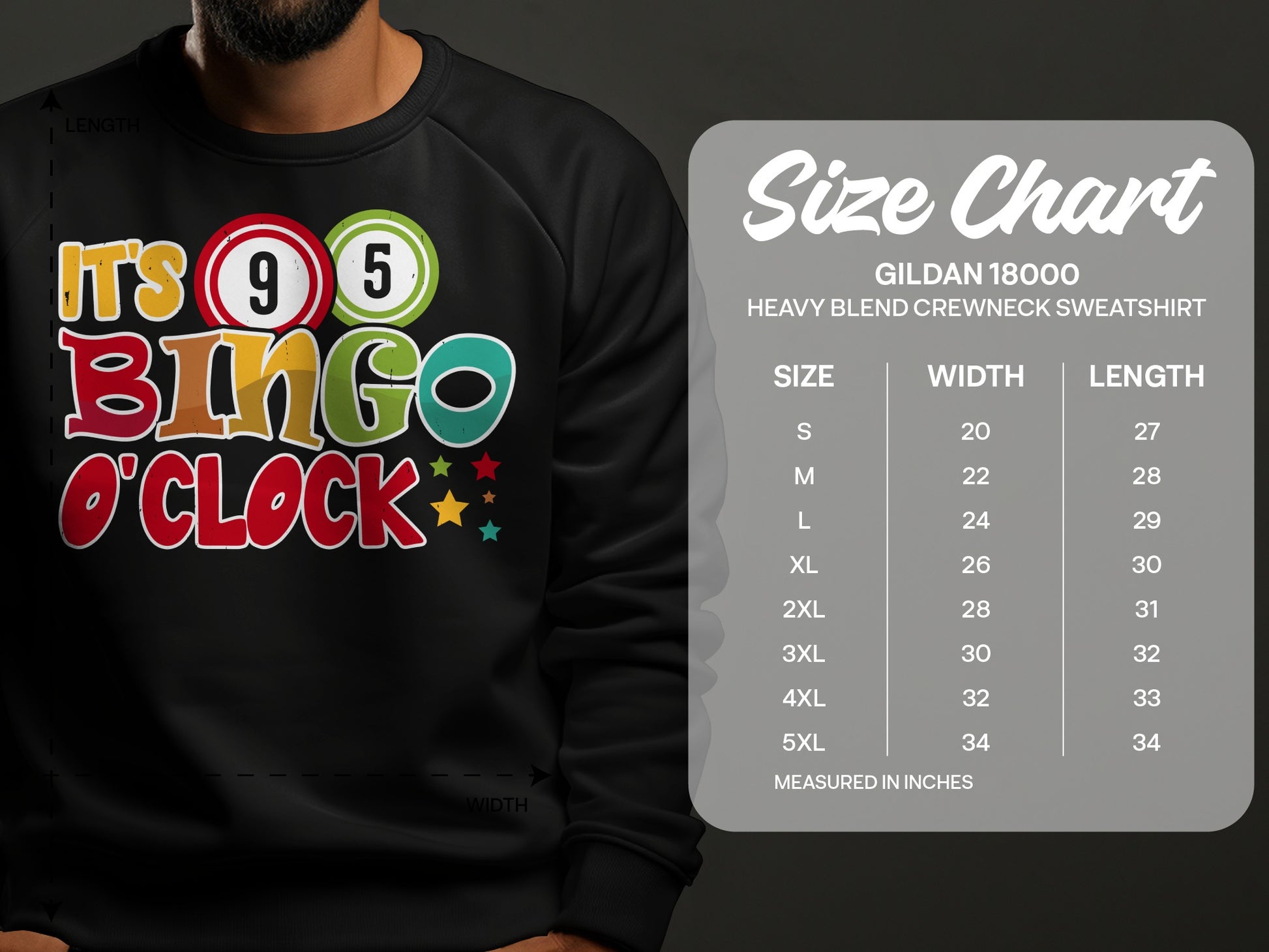 Gildan 18000 sweatshirt size chart with "It's Bingo O'Clock" graphic.