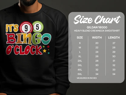 Gildan 18000 sweatshirt size chart with "It's Bingo O'Clock" graphic.