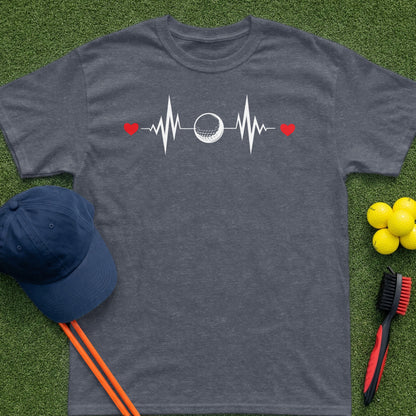 Dark grey t-shirt with a golf ball heartbeat graphic, red hearts, and golf accessories.