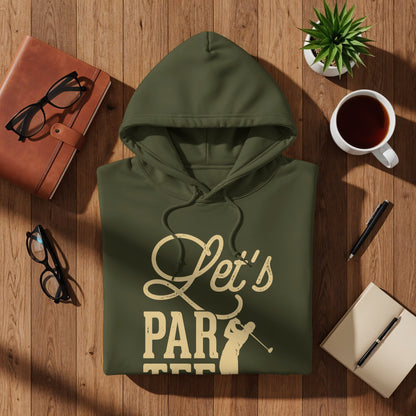 Olive green hoodie with "Let's Party" text and a golfer graphic.