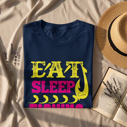 Navy t-shirt with yellow "EAT", pink "SLEEP", and fishhook "FISHING" text.