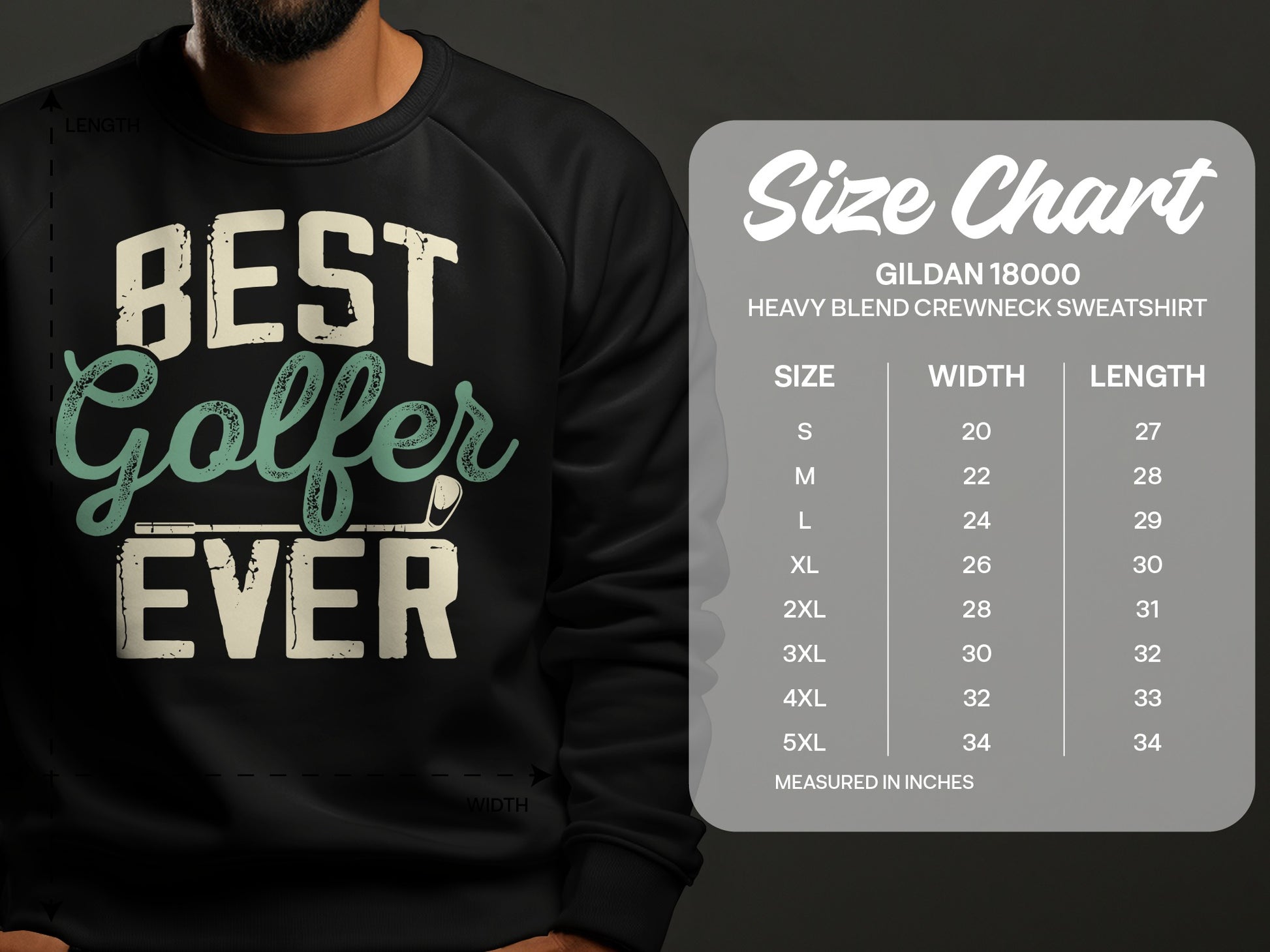 Gildan 18000 sweatshirt size chart with measurements in inches.