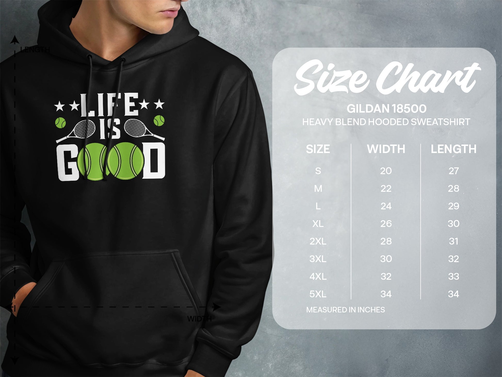 Gildan 18500 hooded sweatshirt size chart showing width and length in inches.