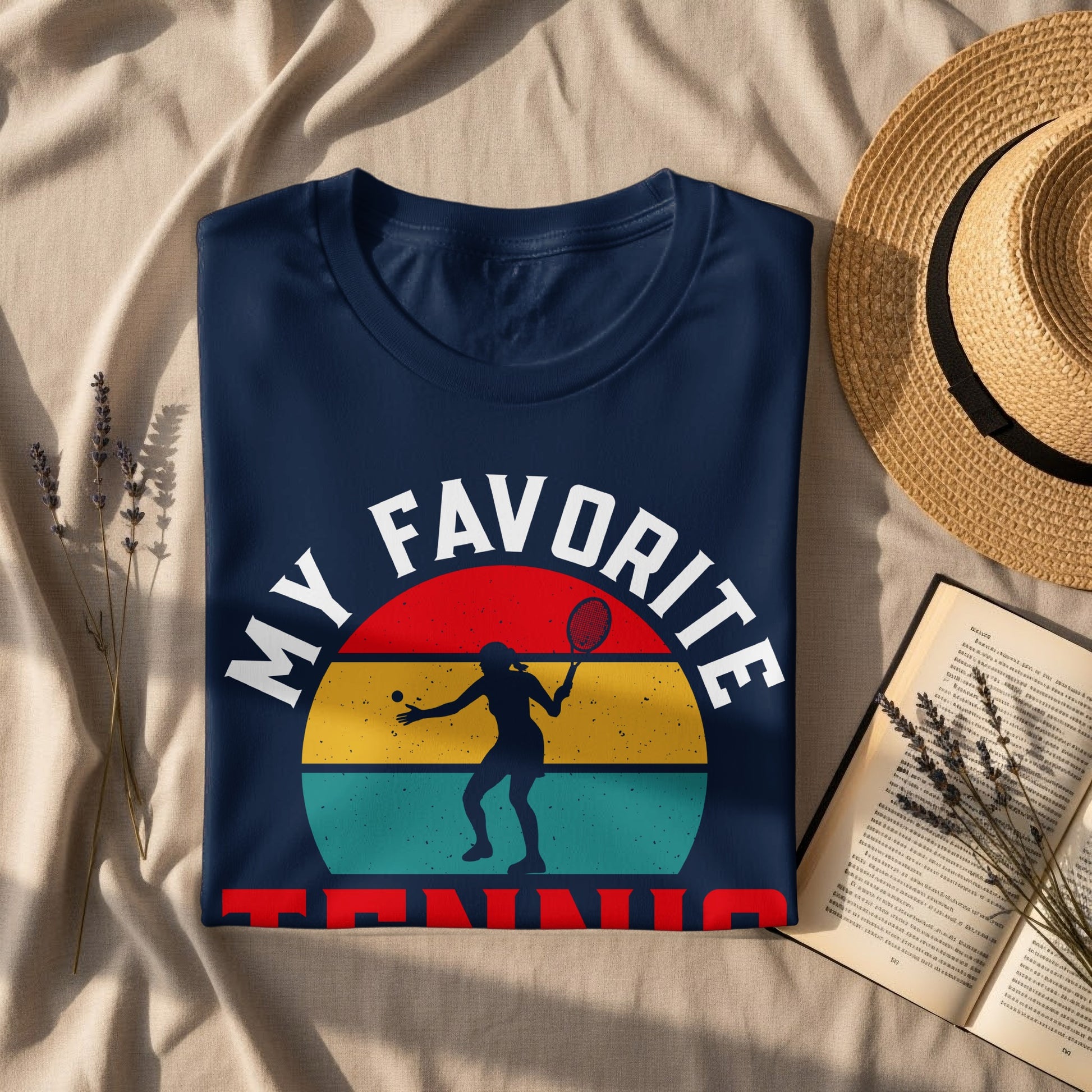 Navy t-shirt with "MY FAVORITE TENNIS" text and silhouette of a tennis player.