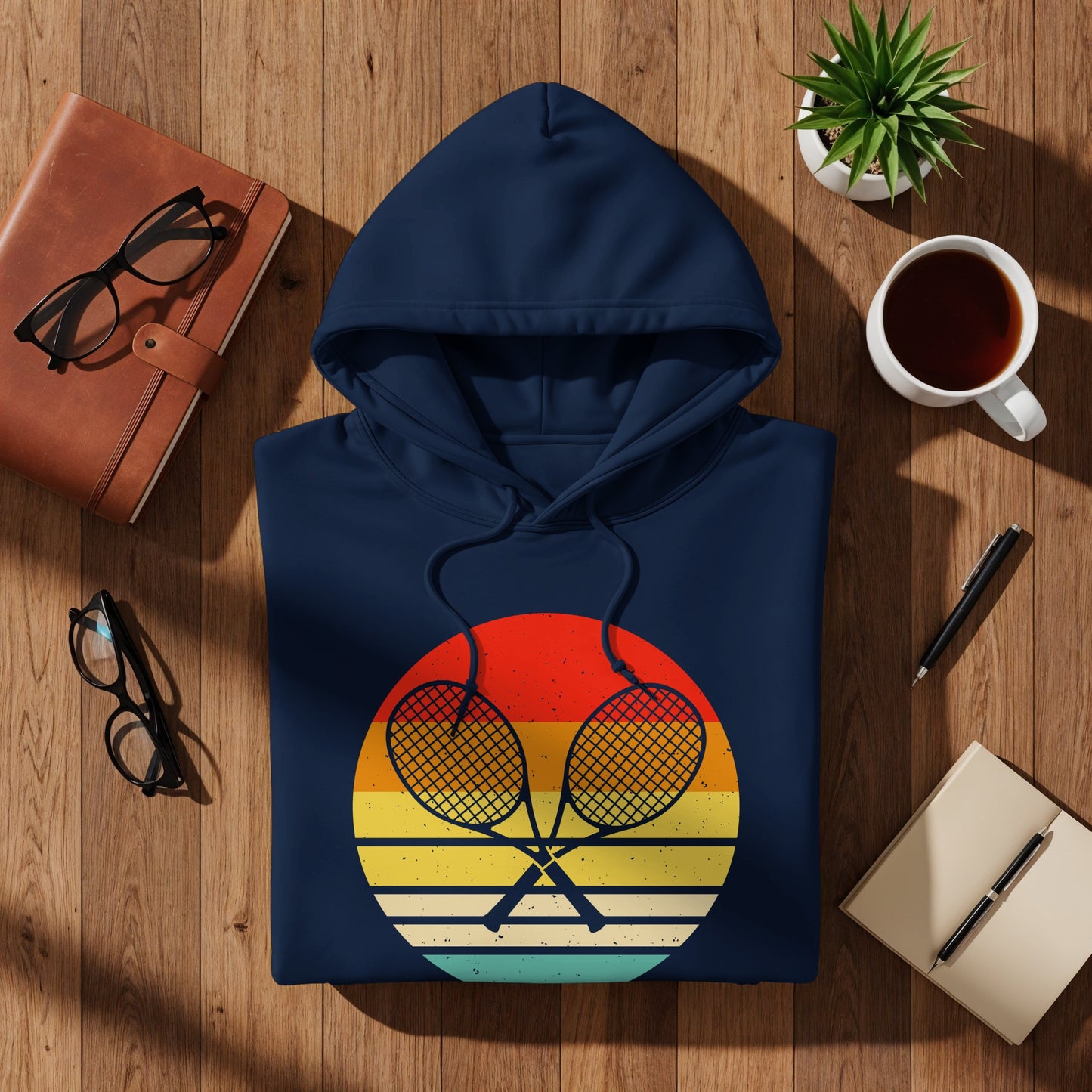 Navy blue hoodie with crossed badminton rackets on a retro sunset graphic.