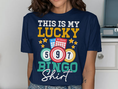 Navy t-shirt with "This is my lucky BINGO shirt" graphic.