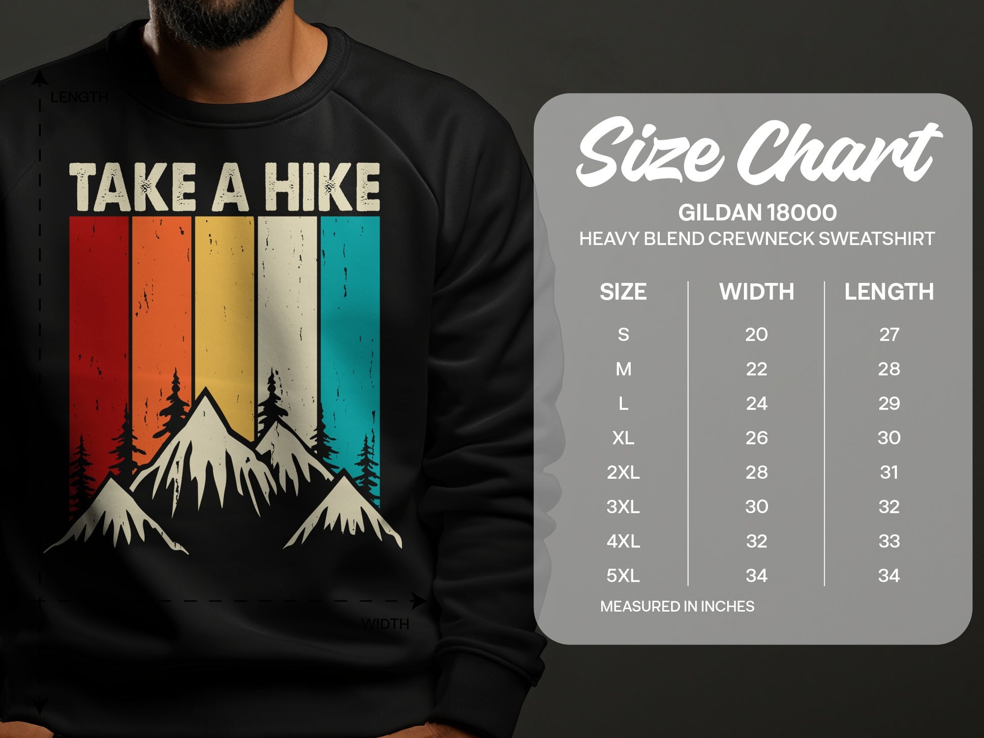 Sweatshirt with "Take a Hike" and mountain graphic, next to a size chart.