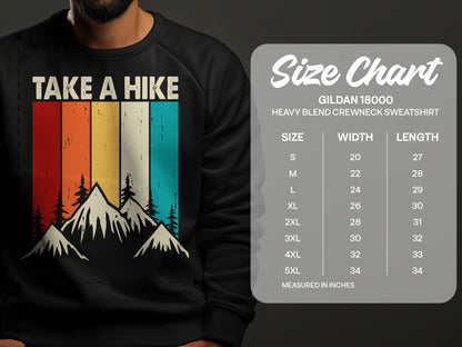 Sweatshirt with "Take a Hike" and mountain graphic, next to a size chart.