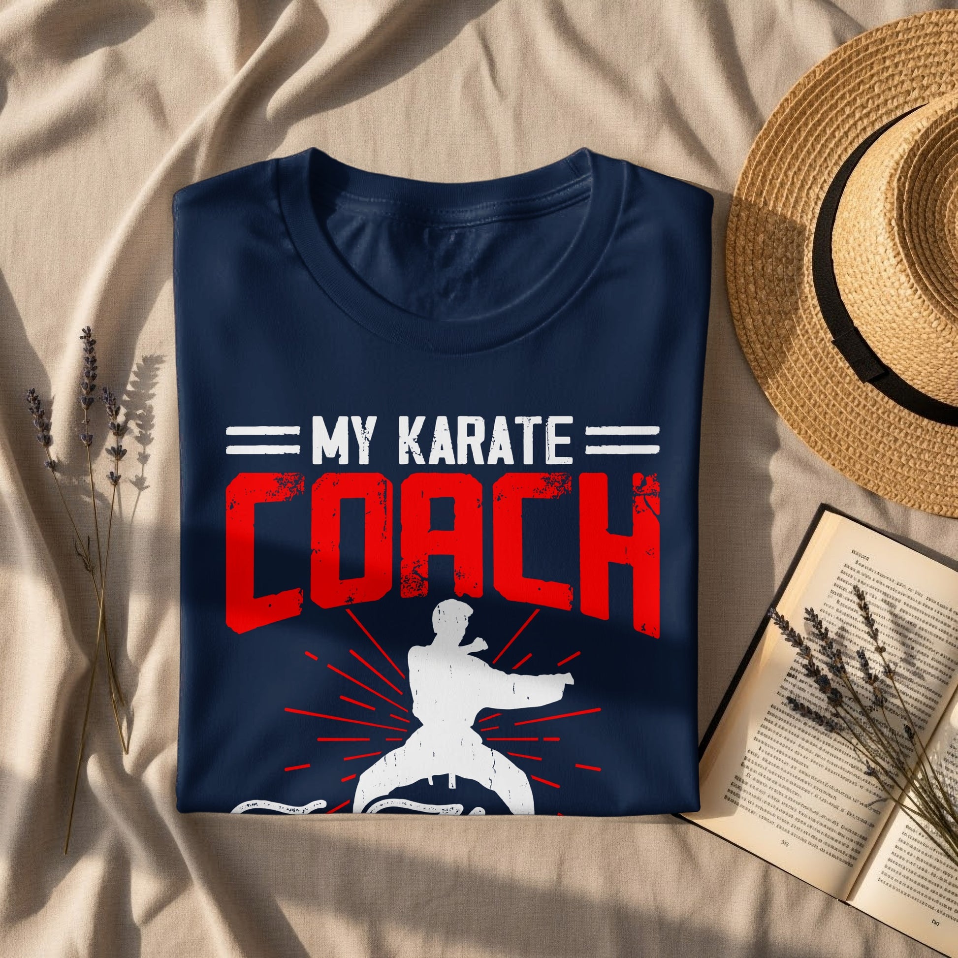 Dark blue t-shirt with "My Karate Coach" and a silhouette of a karate fighter.