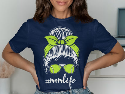 Navy t-shirt with "#Momlife" text, messy bun, and sunglasses.