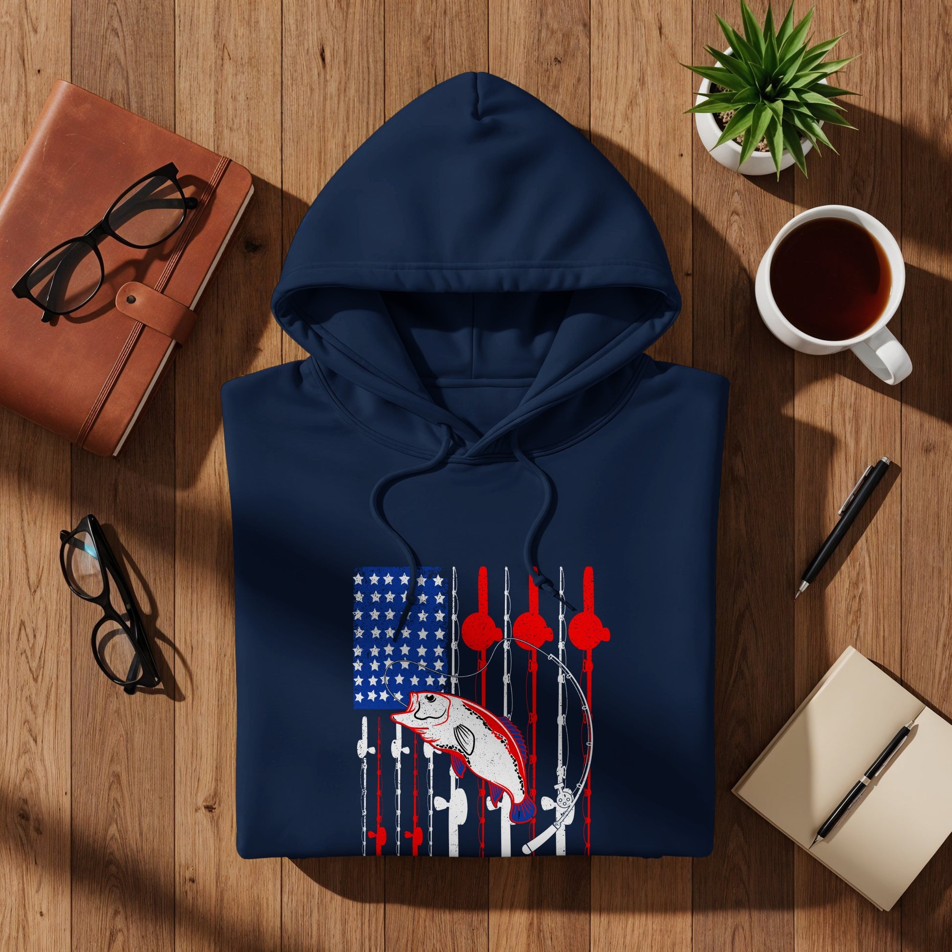 Navy hoodie with distressed American flag and fishing rod graphic.