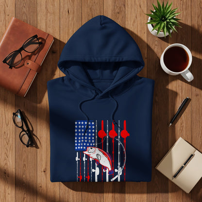 Navy hoodie with distressed American flag and fishing rod graphic.