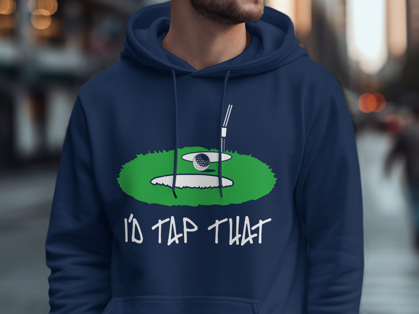 Navy hoodie with a golf ball in a sand trap and "I'd Tap That" text.