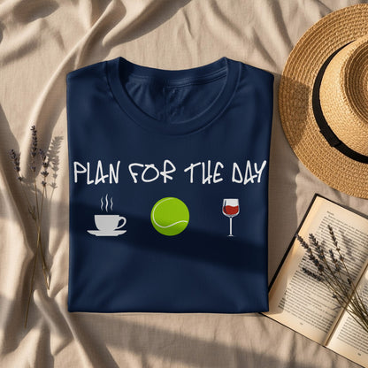 Navy t-shirt with "PLAN FOR THE DAY" and icons of coffee, tennis ball, and wine.