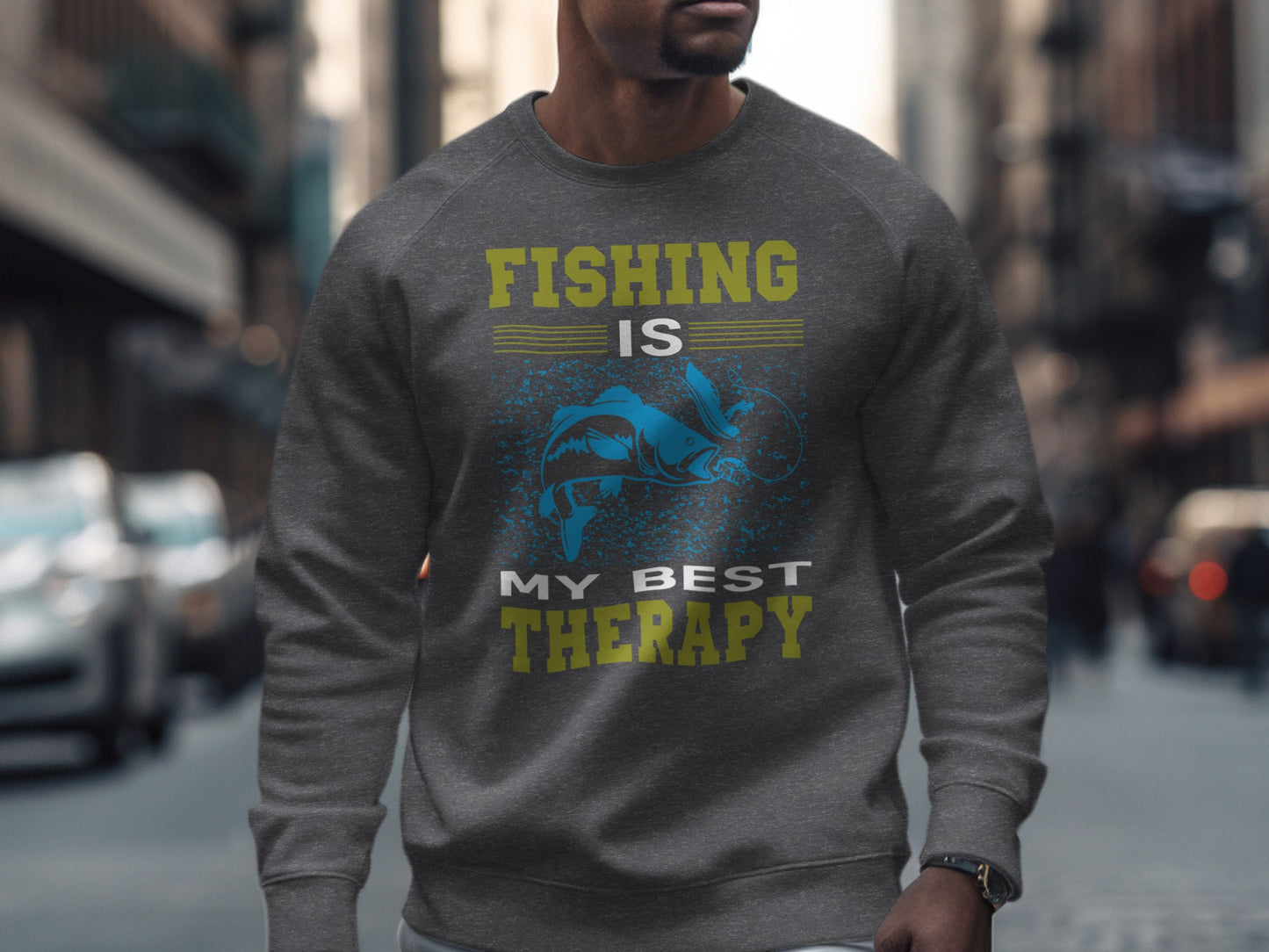 Gray sweatshirt with "FISHING IS MY BEST THERAPY" and blue fish graphic.