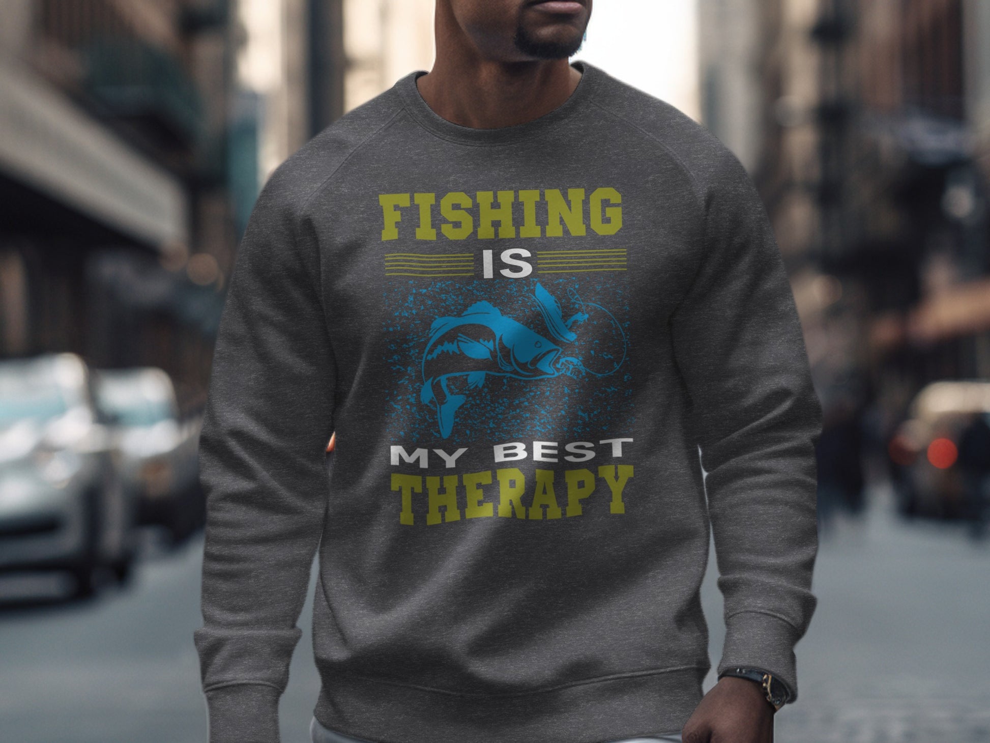 Gray sweatshirt with "FISHING IS MY BEST THERAPY" and blue fish graphic.