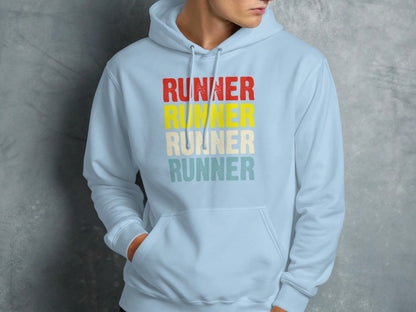 Light blue hoodie with "RUNNER" text stacked in red, yellow, and teal.