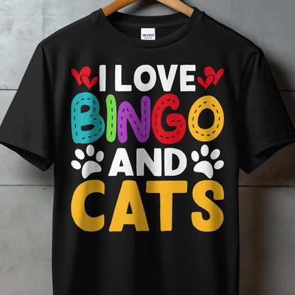 Black t-shirt with colorful "I LOVE BINGO AND CATS" text and paw prints.