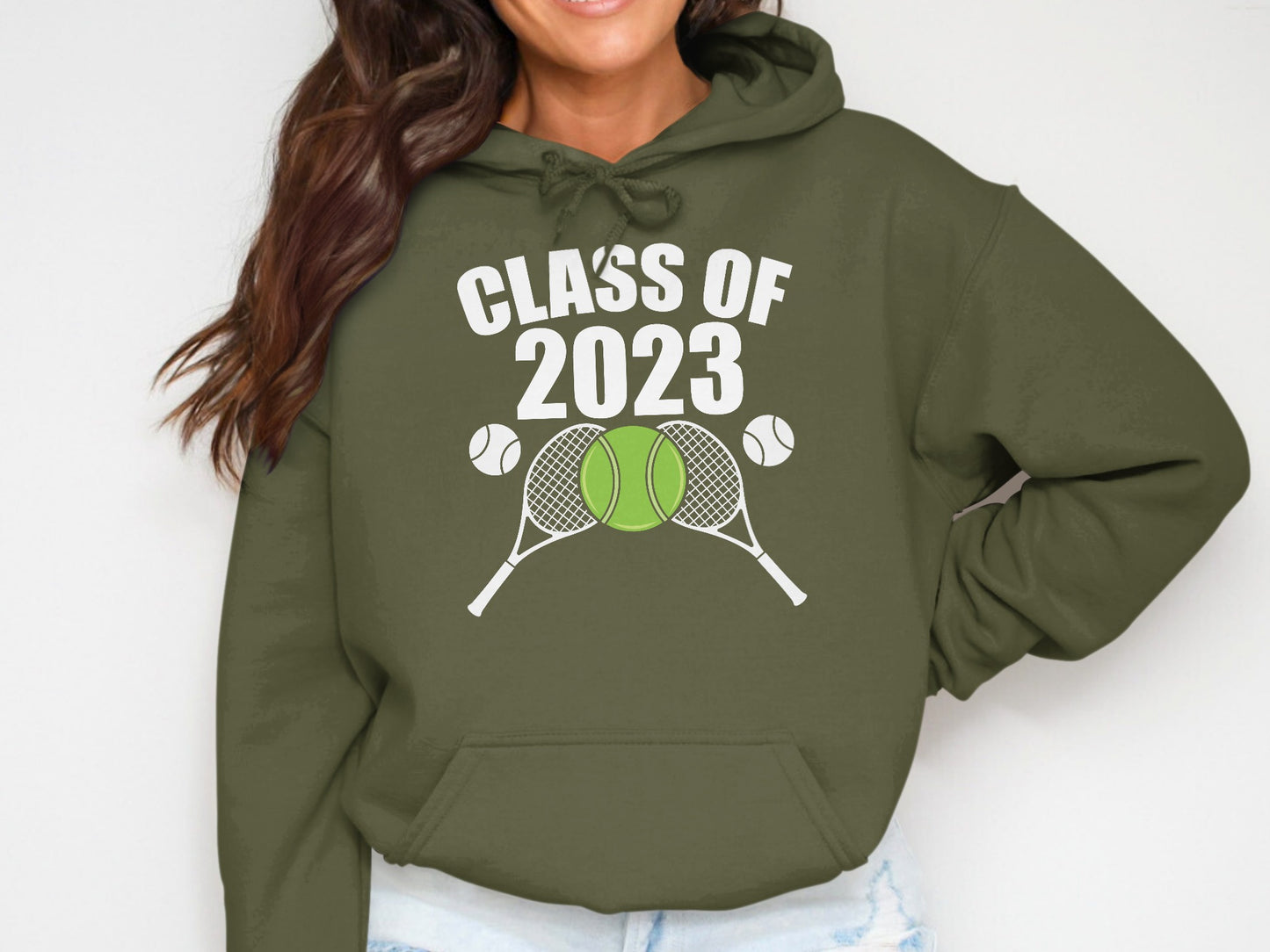 Olive green hoodie with "Class of 2023" text and tennis rackets and balls.