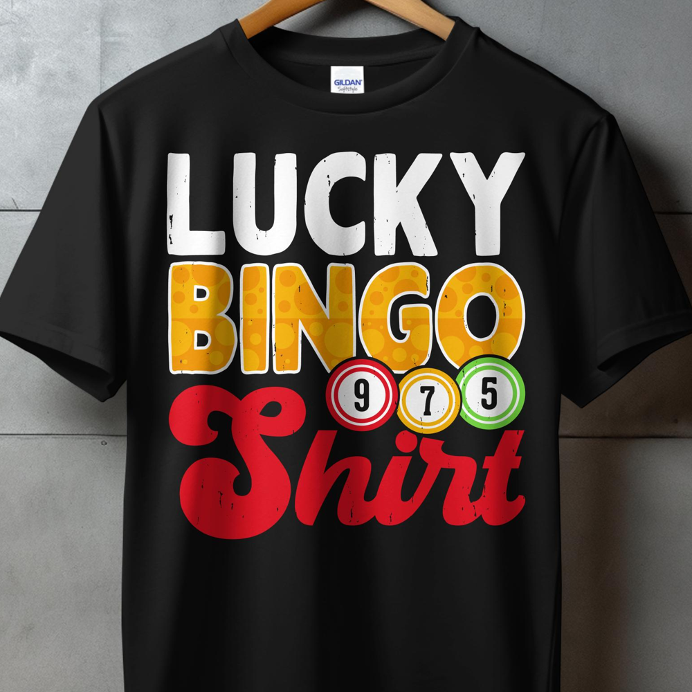 Black t-shirt with "LUCKY BINGO Shirt" and bingo balls.