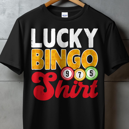 Black t-shirt with "LUCKY BINGO Shirt" and bingo balls.